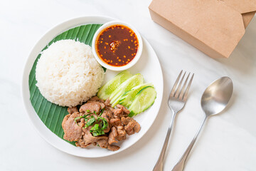 grilled pork garlic with rice with spicy sauce