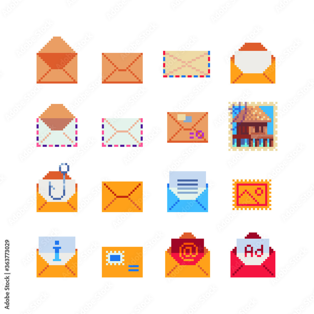 Poster envelopes, message and mailbox pixel art icon set, isolated vector illustration. element design for 