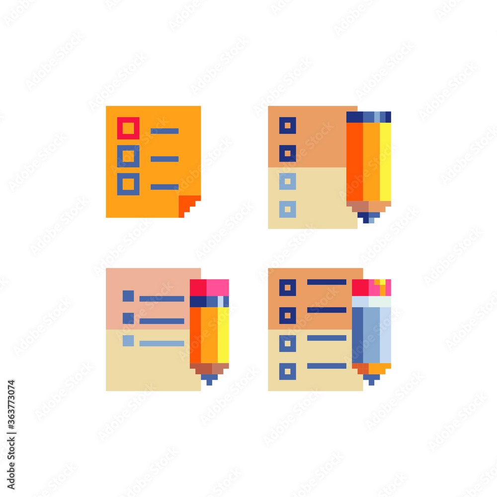Poster task icons, checklist with pencil. pixel art flat style. contact form. web site design. 8-bit. isola