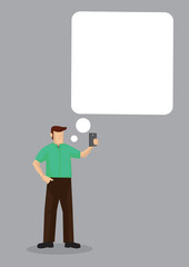 Man with a mobile phone with an empty thinking bubble. Flat isolated vector illustration.