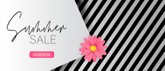 Summer sale banner or header. Realistic flower on a striped background. Vector illustration with lettering.