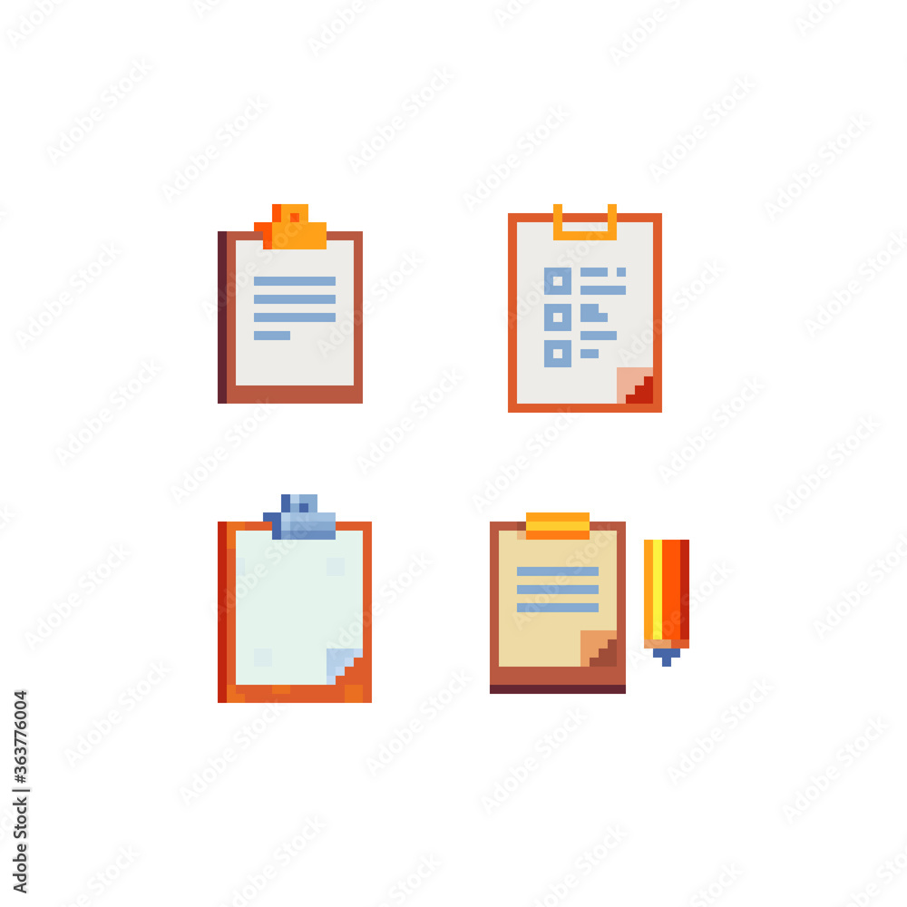 Poster clipboard for notes with clean sheet of paper pixel art icons set. isolated vector illustration. ele