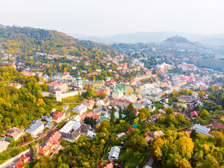 Sun set in old town with historical cityspace buildings in Banska Stiavnica, Slovakia, UNESCO....