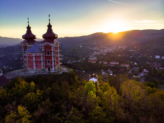 Sun set in old town with historical cityspace buildings in Banska Stiavnica, Slovakia, UNESCO