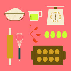Baking ingredients, kitchen tools and utensils vector illustration icon set with bright and vibrant color, pastry making digital art in nordic simplified geometric style with textures.