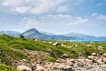 Mediterranean Landscape with Sea and Coast of Italian Island Sardinia. Panoramic Landscape.