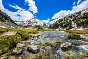 Naklejka na ściany i meble Beautifull nature in National Park Possets y Maladeta, Pyrenees, Spain. ,located above Benasque valley, near the town of Benasque in Huesca province, in the north of Aragon