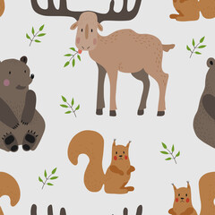 Fototapeta premium Seamless vector pattern with brown bear, squirrel and moose on a light background. 