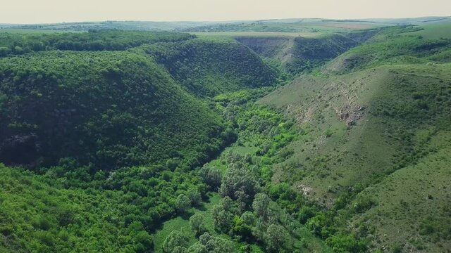 Flying over mountains with the view of forest and mountains in the horizon.