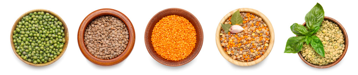 Bowl with mung beans on white background