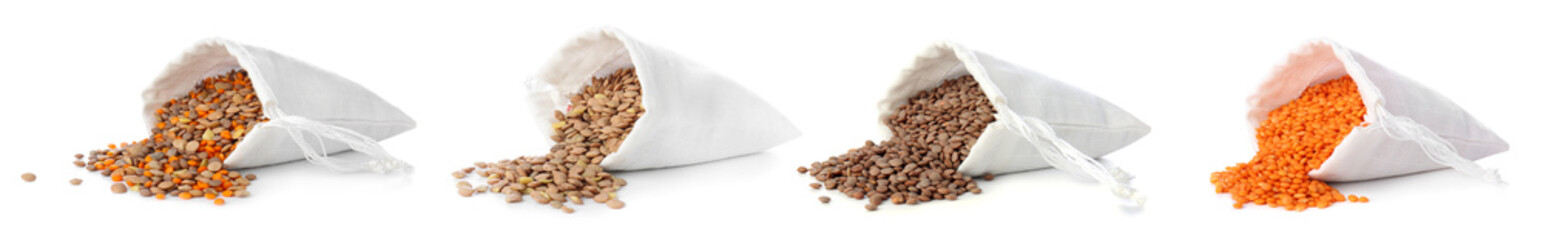 Bag with lentils on white background