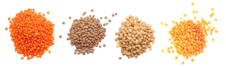 Raw lentils on white background