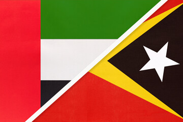 United Arab Emirates or UAE and East Timor, symbol of national flags from textile. Championship between two countries.
