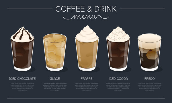 Coffee and drink menu vector illustration with different ice coffee and drink types on navy blue background - Powered by Adobe