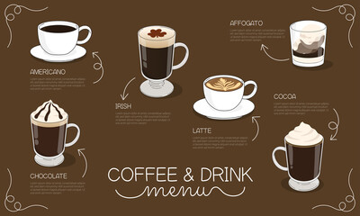 Coffee and drink menu vector illustration with different hot coffee and drink types on brown background