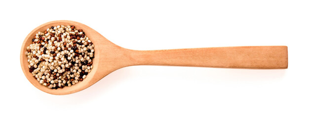 Quinoa seeds in wood scoop on white background