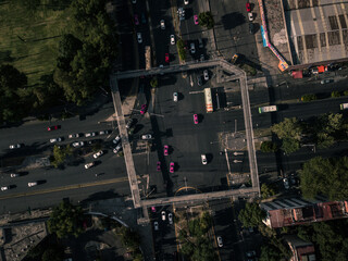 Aerial photograph of a square bridge in Zacatenco in Mexico City.