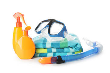 Beach accessories with sunscreen cream on white background