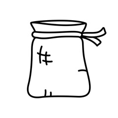 Textile bag with ties for food. Linear icon for zero waste theme. Hand drawn illustration of rejection of plastic packaging. Contour eco friendly bag for vegetables, fruits, cereals, nuts, bread