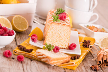 Lemon sponge cake with pomegranate.
