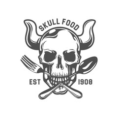 Dead Skull bite Fork, and spoon. Restaurant Logo Template. Hexagon Vector Drawing