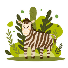 Vecton illustration of a cute striped zebra on a background of moldings and jungle trees. Cute cartoon animal in flat style. For printing on glasses, dishes, notebooks, illustrations for books