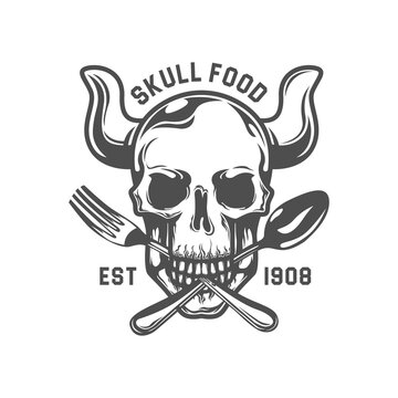 Dead Skull bite Fork, and spoon. Restaurant Logo Template. Hexagon Vector Drawing
