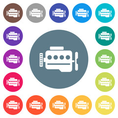 Engine symbol flat white icons on round color backgrounds