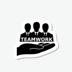 People in the hand sticker isolated on gray background. Teamwork logo