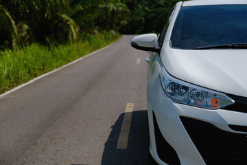 White cars parked on the roadside, with natural backgrounds and with bright sunlight.