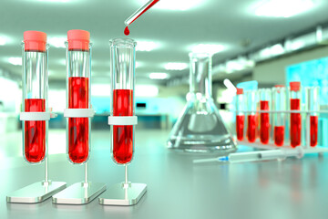 Medical 3D illustration, lab test-tubes vials in university clinic - blood sample dna test for virus (eg coronavirus) concept with bokeh effect