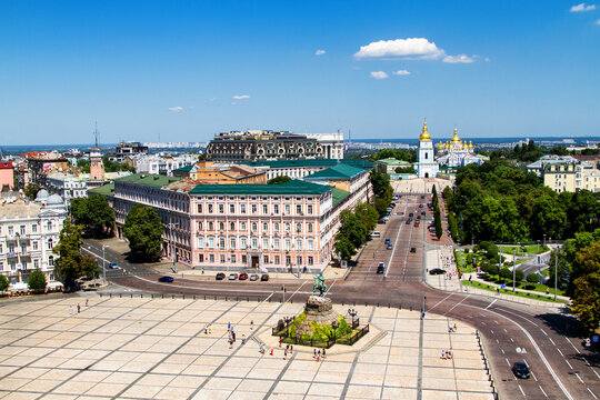 Sophievskaya Square. View from Bell tower of the Saint Sophia Cathedral. Kiev, Ukraine  St. Michael's Golden-domed monastery and Bohdan Khmelnitskiy monument in the background.