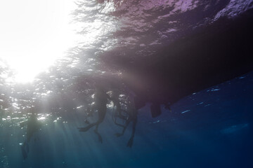 Fototapeta na wymiar エグジットするダイバーのシルエット。背景は強い太陽光線。ミクロネシア連邦ヤップ島