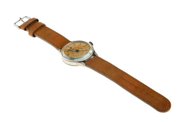 Analog wrist watch with brown dial and leather bracelet