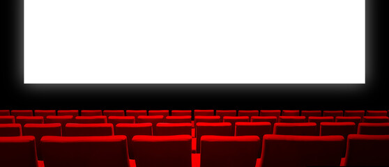 Cinema movie theatre with red seats and a blank white screen. Horizontal banner
