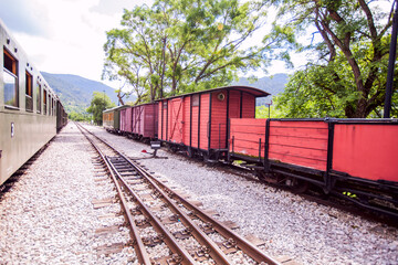 Fototapeta premium Narrow-gauge heritage railway, Tourist Attraction, old-fashioned train, , Mokra Gora Station - Serbia