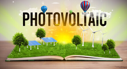 Open book with PHOTOVOLTAIC inscription, renewable energy concept