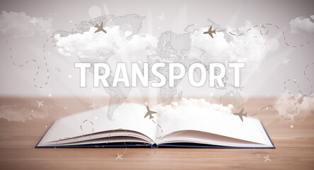 Open book with TRANSPORT inscription, vacation concept