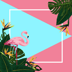 Tropical leaves, flamingos and tropical flower Strelitzia Royale on a graphic background. Modern summer design for a card, banner or invitation. Vector illustration for design and web. © Elena_Mitrokhina