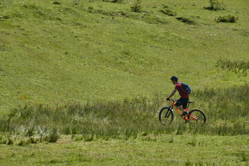 a man on a mountain bike going through a green field