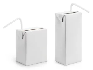 Poster Set of cardboard mini juice packs with plastic tubes, isolated on white background © Yeti Studio