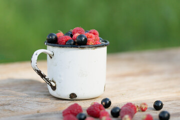 assorted berries in mug on wood background. Fresh organic berries harvest from berry farm