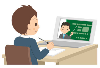 パソコンで勉強する男子学生　オンライン授業　オンライン学習　イラスト