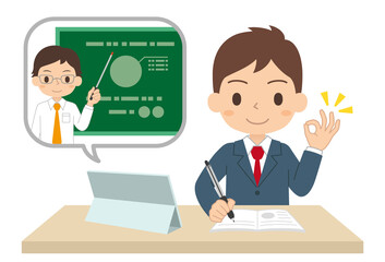 タブレットで勉強する男子学生　オンライン授業　オンライン学習　イラスト