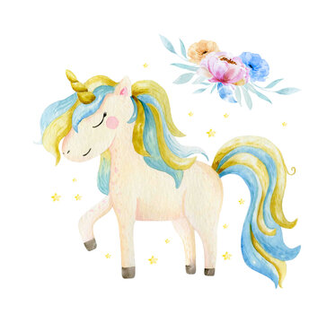 Isolated cute watercolor unicorn and flowers clipart. Nursery unicorns illustration. Princess unicorns poster. Trendy cartoon horse.