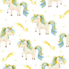 Cute watercolor seamless pattern with unicorn. Nursery unicorns illustration.