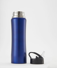 Full length blue aluminium waterbottle. Isolated on white background.