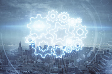 Double exposure of business theme hologram drawing and city veiw background. Concept of success.