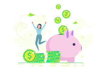 Happy girl makes money, coins. A woman is saving money in a piggy bank. Money savings concept