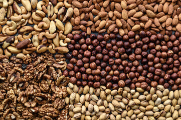 Variety of nuts background. Sources of protein and fat for vegans. Healthy food concept. Top view, horizontal orientation.